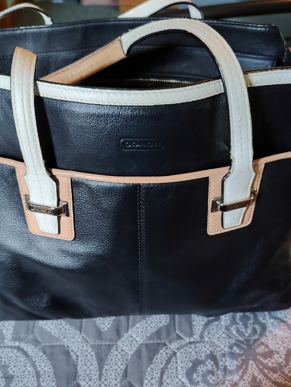 Coach Black Leather Tote with Cream Handles and Tan Trim